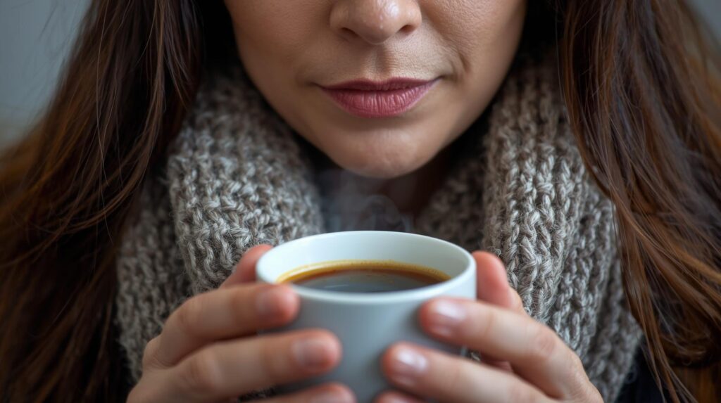maak voor mij een afbeelding met een vrouw van ongeveer 40 jaar oud met donkerbruin lang haar, close up van een kop koffie, met een gebreide sjaal om haak nek